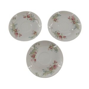 3 Theodore Haviland Limoges Saucer Plate Pink Roses Embossed Gold 1893 Ribbon